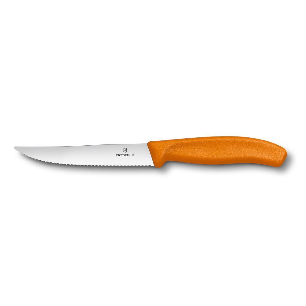 Нож Victorinox для стейка и пиццы, оранжевая ручка, волнистое лезвие, 12 см