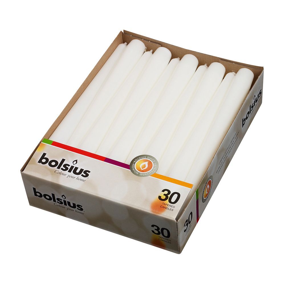 Свечи Bolsius конические белые, 24,5 см, d 24 см, парафин 100%, 30 шт